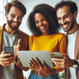 A group of diverse individuals looking at a laptop screen with confused expressions, trying to make a decision.